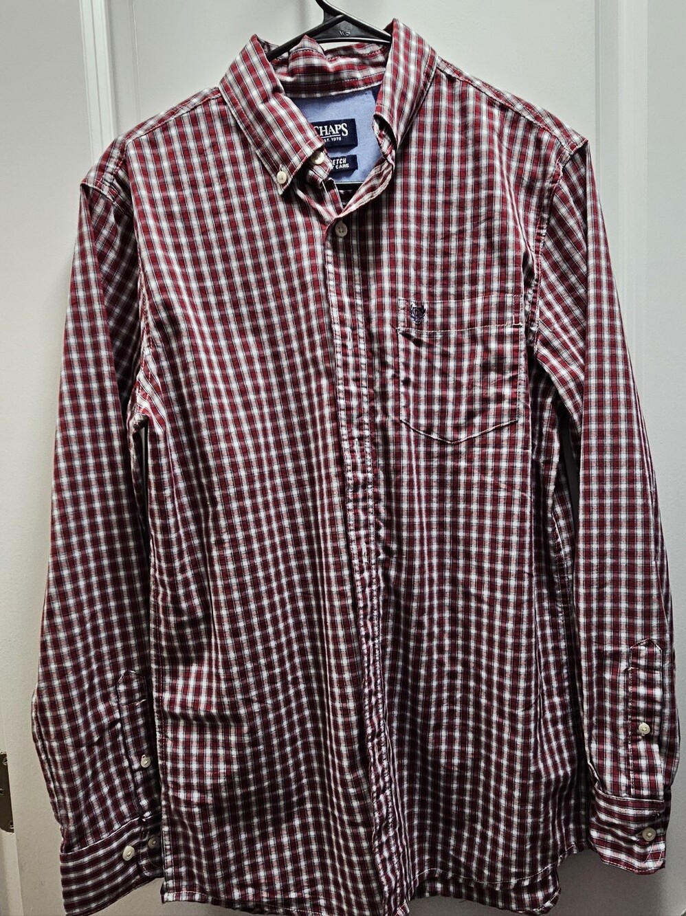 Chaps Men's Burgundy and White Plaid Button-Down Shirt